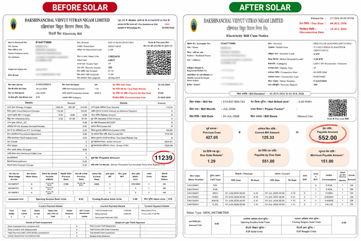 Electricity bill before and after solar — second customer in Dehradun